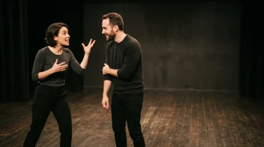 Scène d'improvisation théâtrale où des acteurs créent ensemble dans un espace de jeu collectif