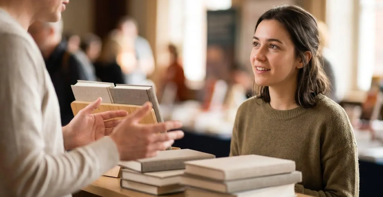 Interaction chaleureuse entre un auteur et un visiteur lors d'un salon du livre