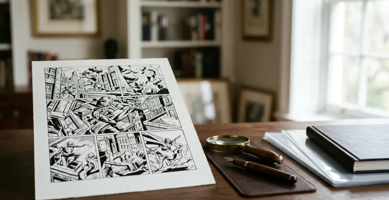Planche de bande dessinée originale à l'encre de Chine posée sur un bureau d'expert en art, entourée de documents d'expertise et d'outils de conservation