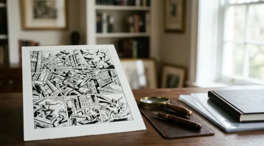 Planche de bande dessinée originale à l'encre de Chine posée sur un bureau d'expert en art, entourée de documents d'expertise et d'outils de conservation