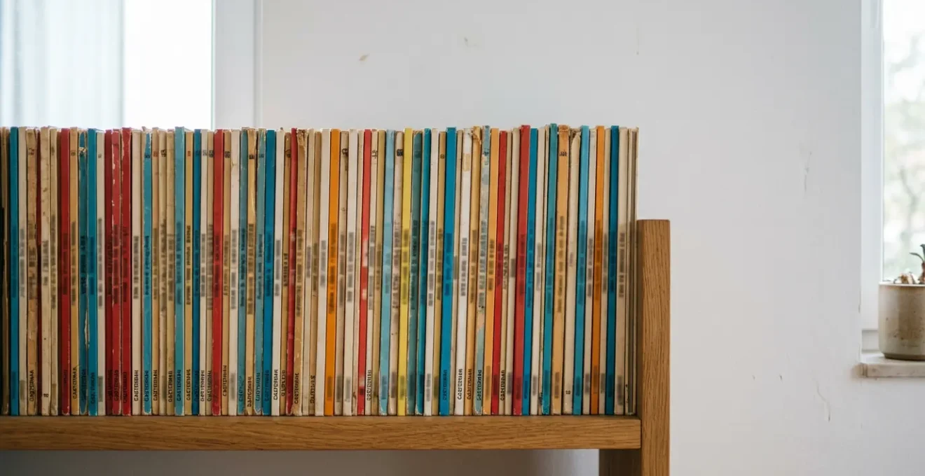 Collection d'albums de bandes dessinées vintage français alignés sur une étagère en bois avec éclairage doux