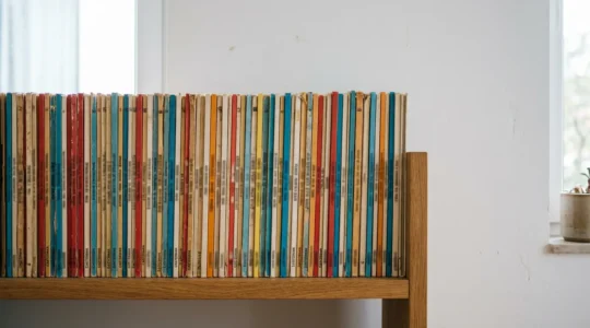 Collection d'albums de bandes dessinées vintage français alignés sur une étagère en bois avec éclairage doux
