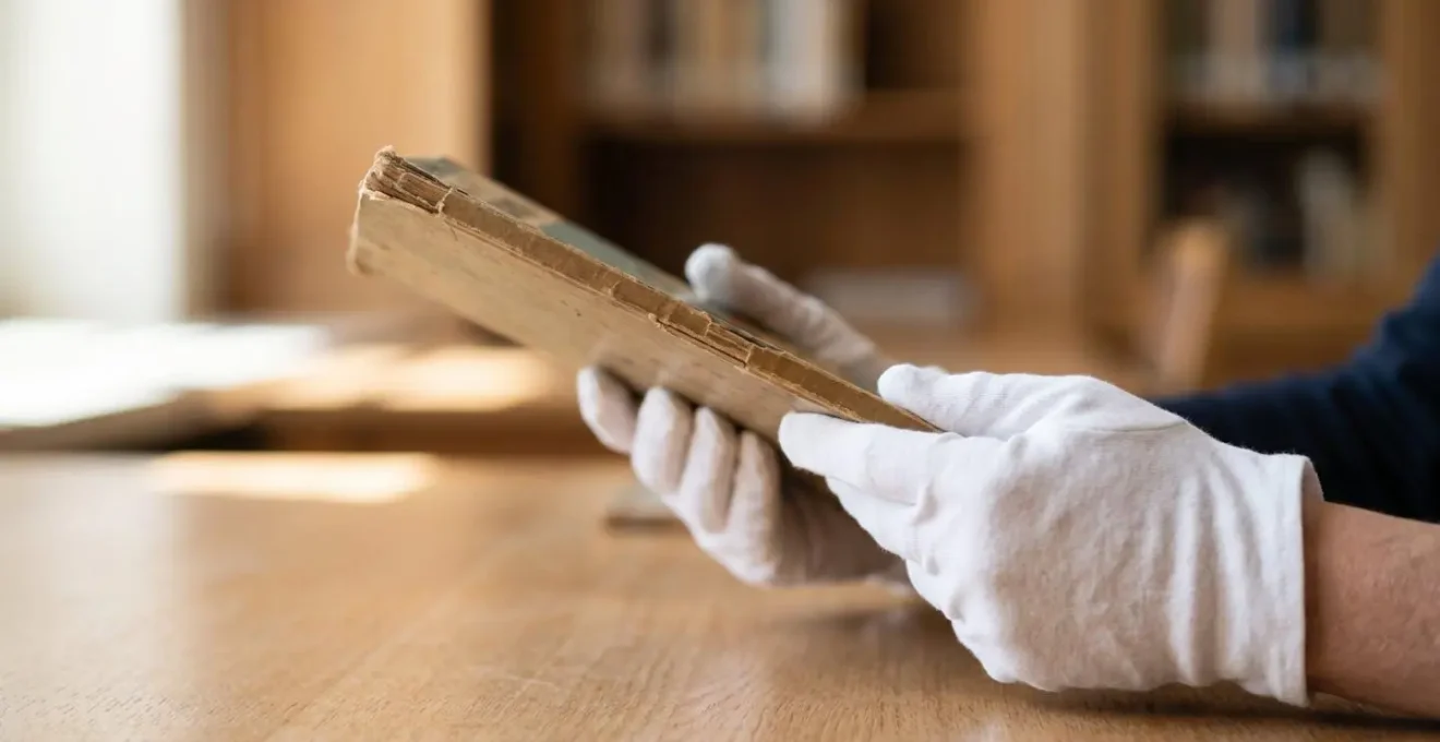 Mains d'un expert en gants blancs examinant délicatement un album de bande dessinée ancien sous lumière douce