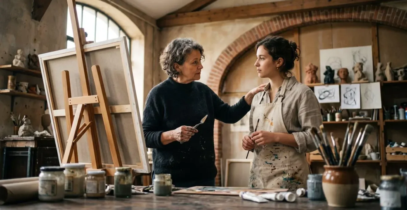 Échange intergénérationnel entre artiste établi et jeune créateur dans un atelier artistique