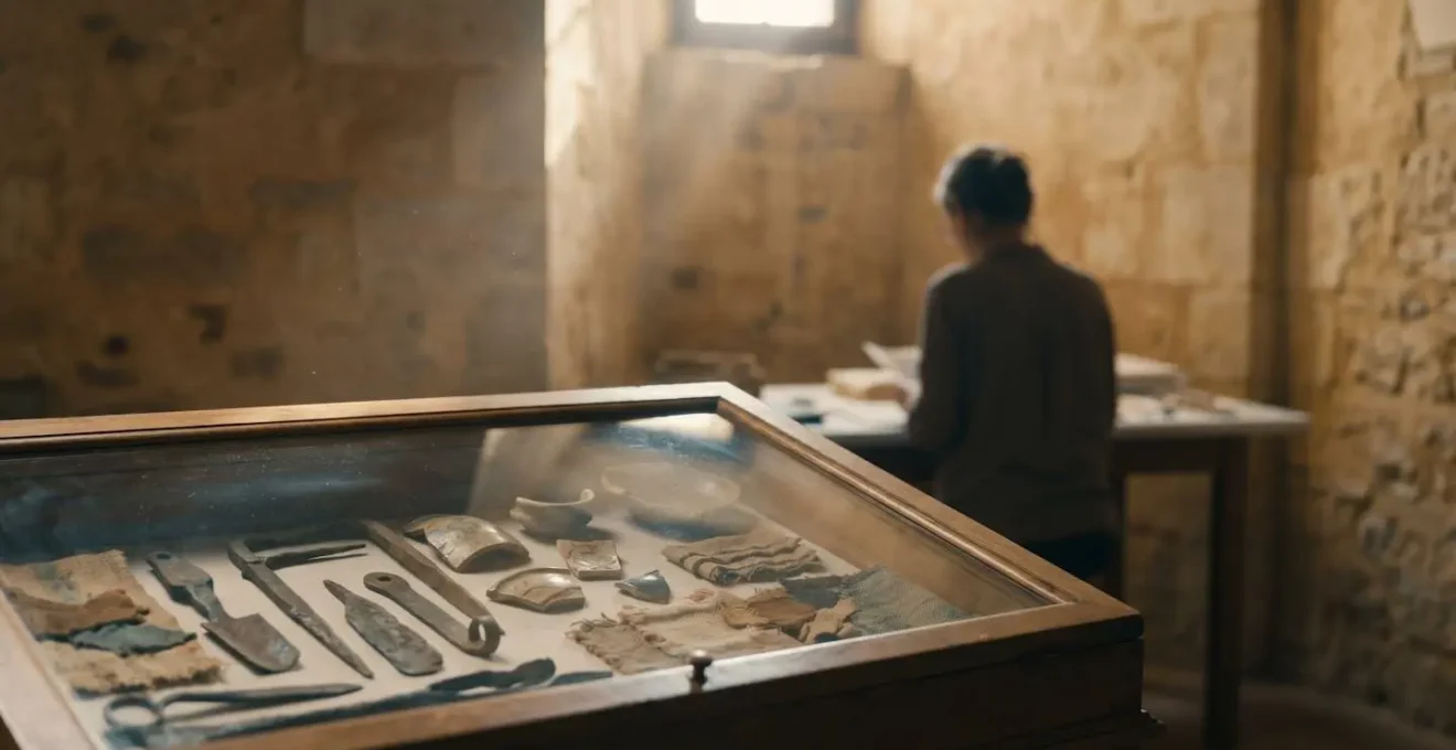 Vue immersive d'objets historiques anciens dans un environnement muséal évoquant la recherche documentaire