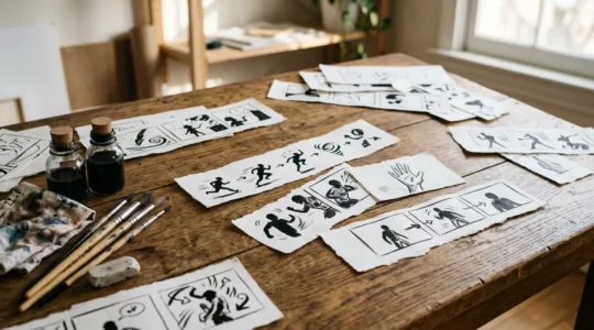 Composition artistique évoquant la narration séquentielle visuelle en bande dessinée sans texte