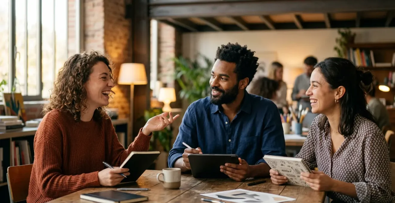 Jeunes artistes discutant de stratégies professionnelles dans un espace culturel contemporain