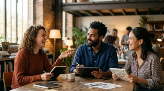 Jeunes artistes discutant de stratégies professionnelles dans un espace culturel contemporain