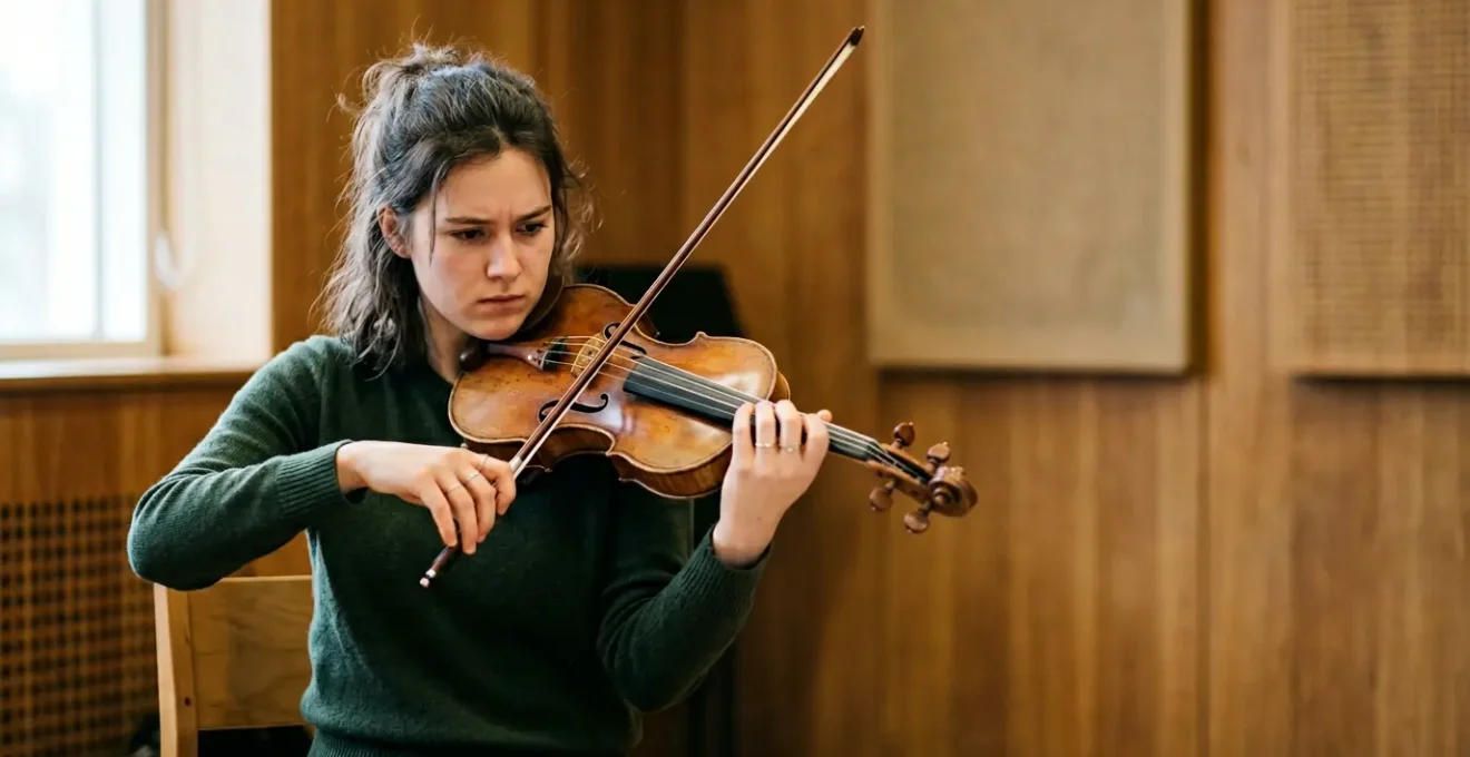 Musicien concentré travaillant son instrument dans un environnement acoustique dédié à la préparation de concours