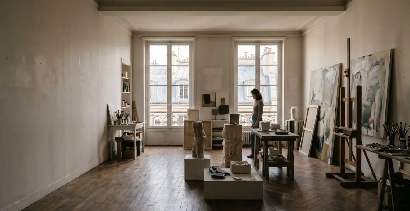 Artiste préparant la restitution finale de sa résidence dans son atelier parisien