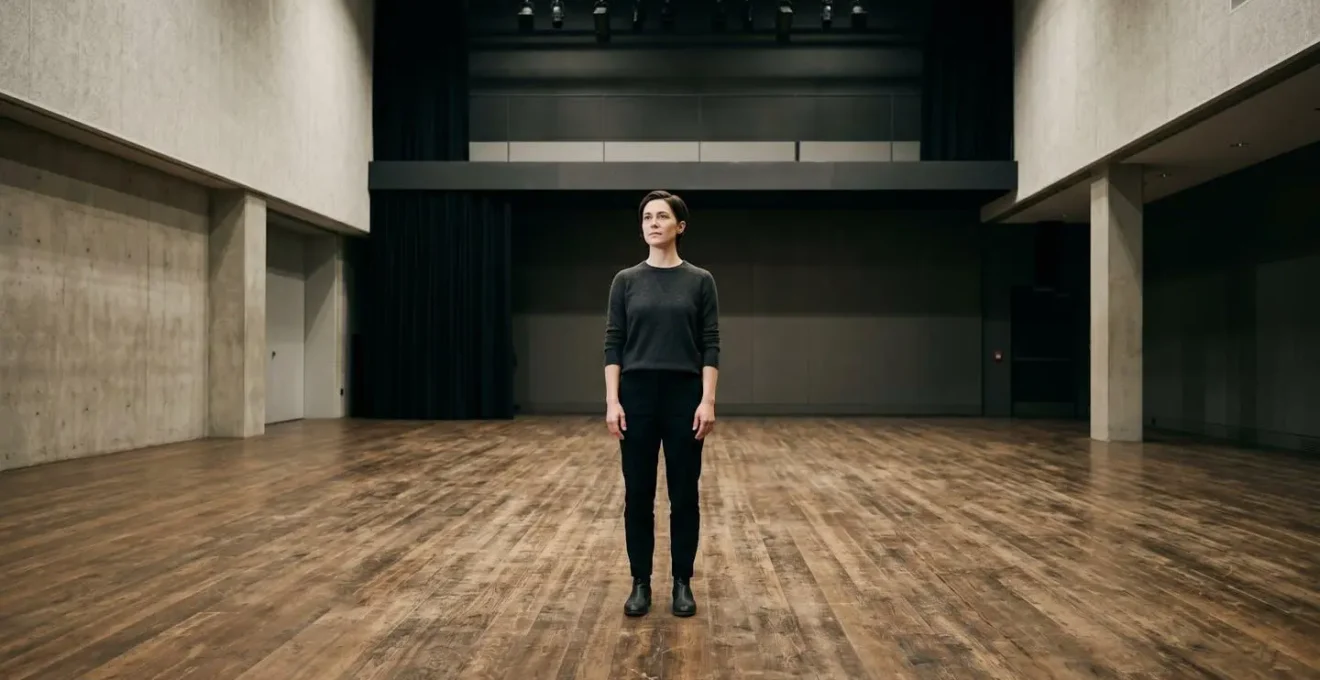 Vue large d'un espace théâtral minimaliste avec un acteur ancré au centre créant une présence forte