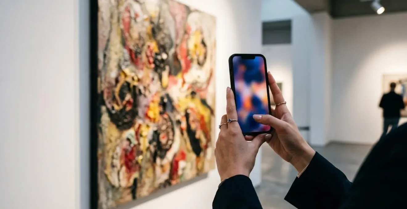 Personne utilisant un smartphone pour révéler une couche numérique interactive sur une œuvre d'art physique dans une galerie française
