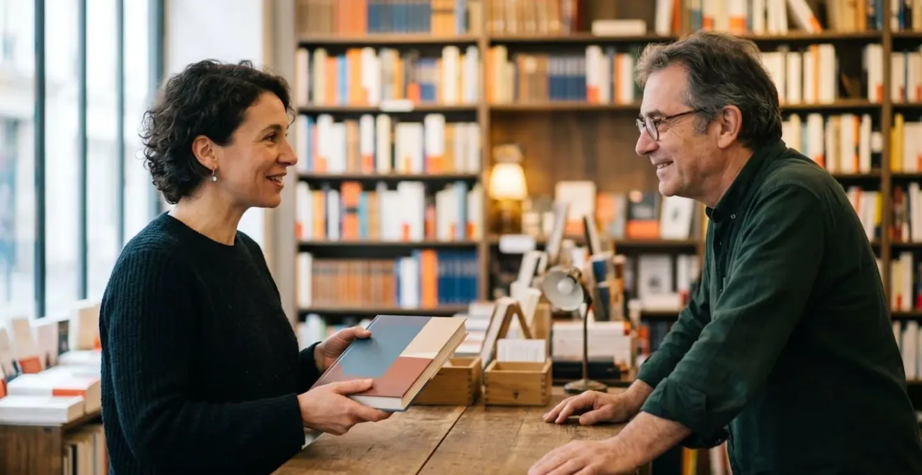 Rencontre entre un auteur indépendant et un libraire pour négocier un dépôt-vente