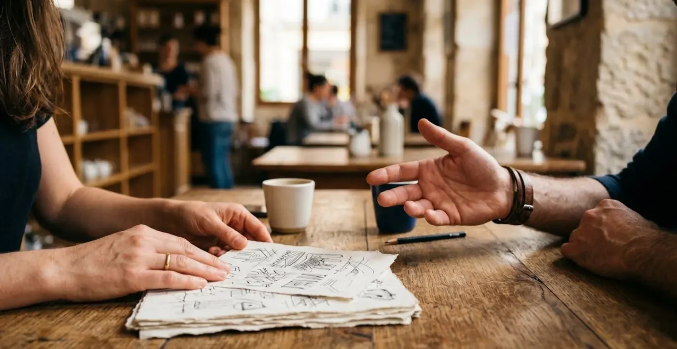 Rencontre entre un porteur de projet culturel et un représentant d'entreprise locale pour discuter d'un partenariat
