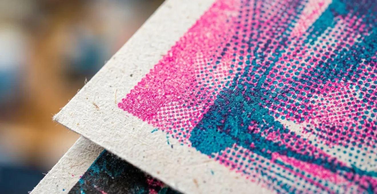 Gros plan sur texture d'impression risographique avec grain caractéristique et superposition de couleurs vives