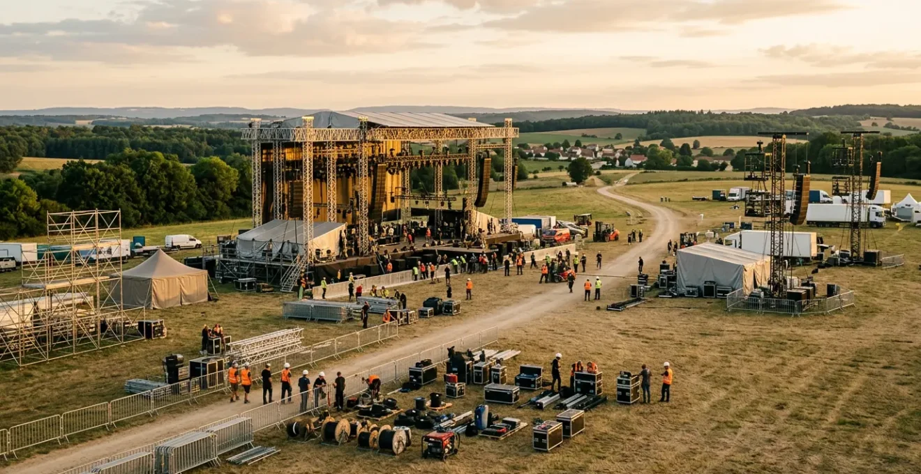 Préparation professionnelle d'un festival de musique en France avec équipes logistiques et structures techniques