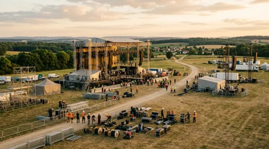 Préparation professionnelle d'un festival de musique en France avec équipes logistiques et structures techniques