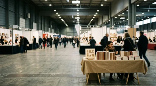 Stand d'auteur indépendant dans un salon du livre en France
