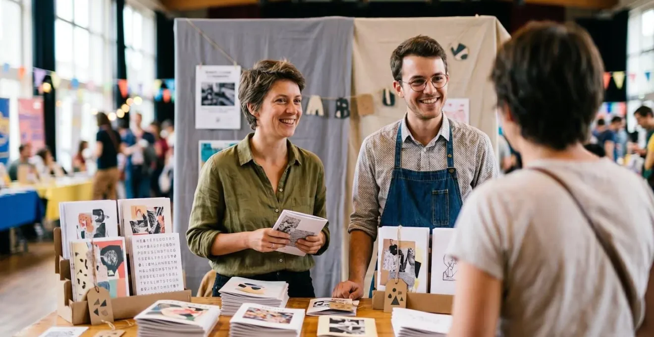 Stand collectif de fanzines en festival avec plusieurs créateurs présentant leurs publications et échangeant avec les visiteurs