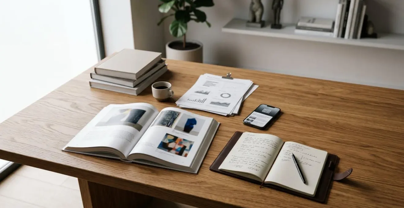 Vue en plongée d'un bureau de galeriste avec catalogue de vente aux enchères Artcurial ouvert, smartphone affichant des actualités culturelles et carnet de notes stratégiques
