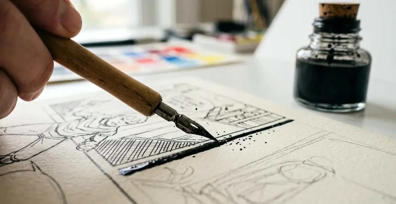 Planche de bande dessinée en cours de création avec crayons et encre de Chine sur table d'auteur, lumière naturelle douce, vue en gros plan