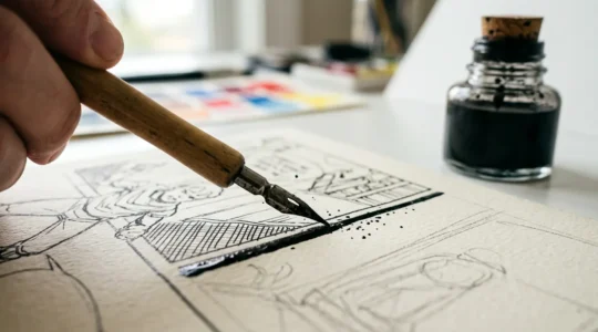 Planche de bande dessinée en cours de création avec crayons et encre de Chine sur table d'auteur, lumière naturelle douce, vue en gros plan