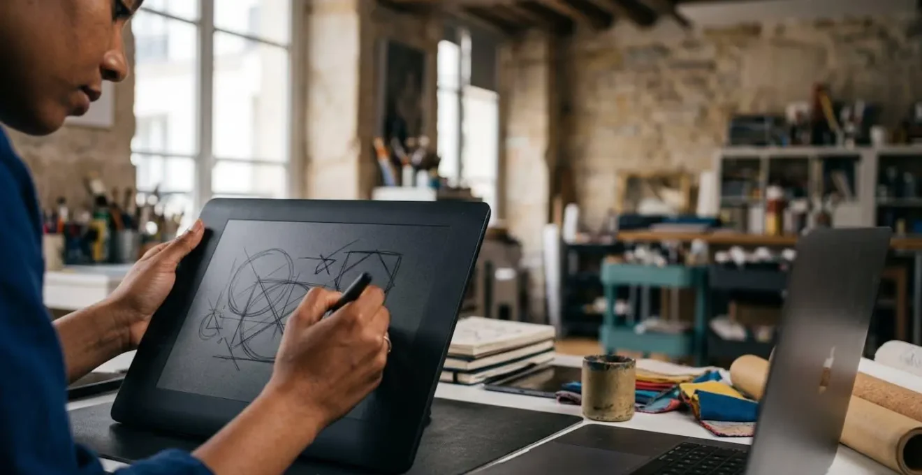 Un espace de travail de concept artist moderne avec outils traditionnels et numériques en harmonie