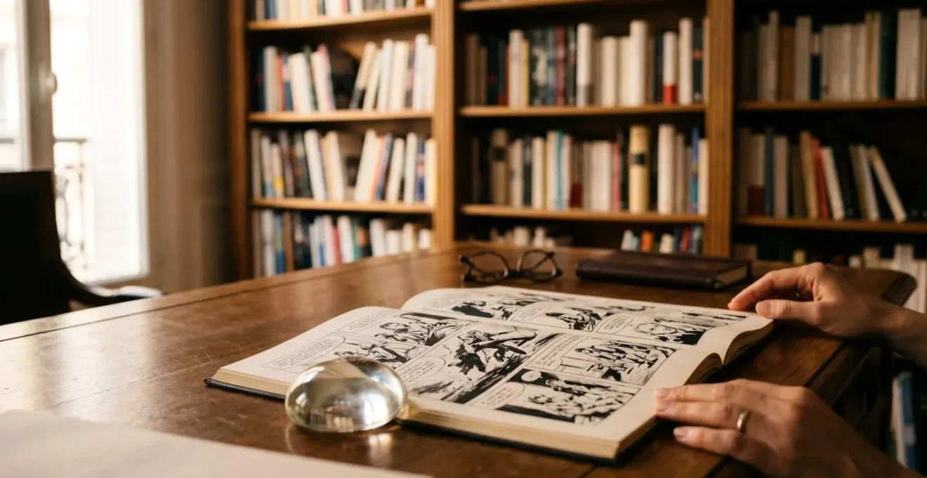Bureau d'éditeur parisien avec manuscrit de BD ouvert sur les trois premières pages, lumière tamisée d'une lampe de bureau, ambiance professionnelle