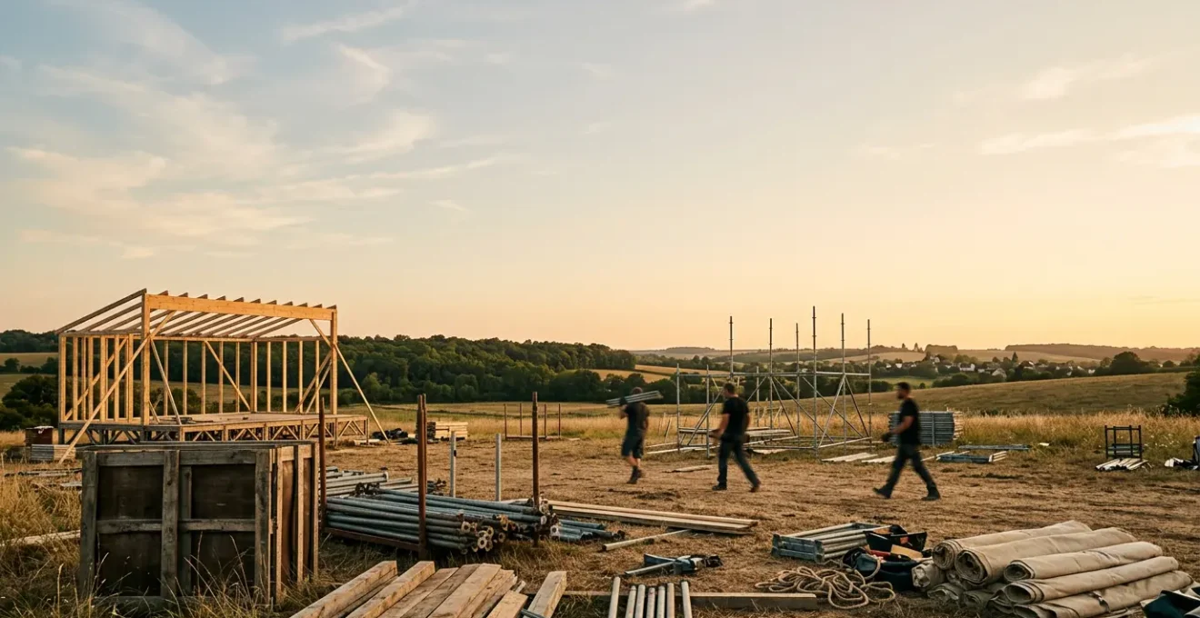 Vue panoramique d'un espace extérieur en pleine transformation pour un festival, avec des installations scénographiques émergentes sous une lumière naturelle dorée