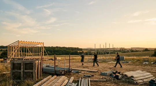 Vue panoramique d'un espace extérieur en pleine transformation pour un festival, avec des installations scénographiques émergentes sous une lumière naturelle dorée