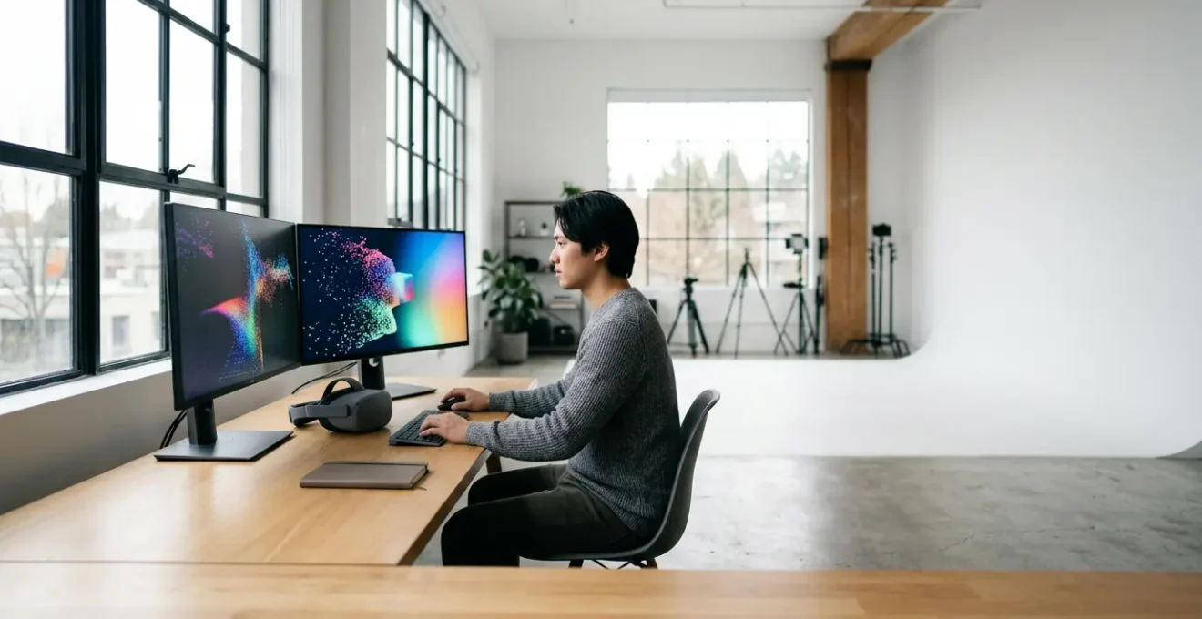 Artiste créateur immergé dans un environnement de développement de réalité virtuelle pour une œuvre artistique immersive