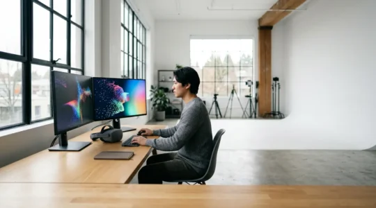 Artiste créateur immergé dans un environnement de développement de réalité virtuelle pour une œuvre artistique immersive