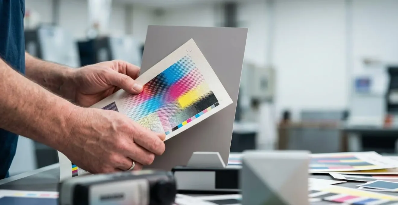 Vérification professionnelle d'épreuves couleur imprimées avec nuancier et loupe dans un atelier d'impression