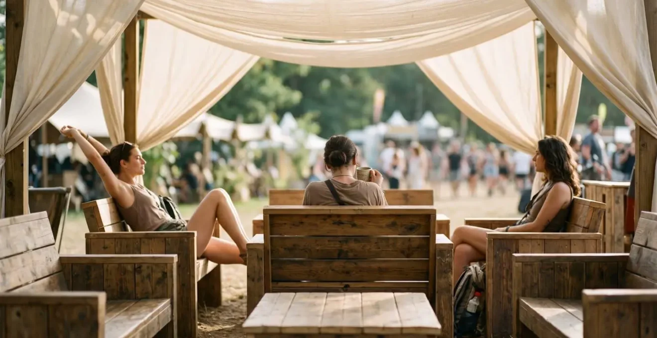 Espace de repos avec mobilier artisanal en bois recyclé sous une structure d'ombrage naturelle, créant une atmosphère accueillante et inclusive