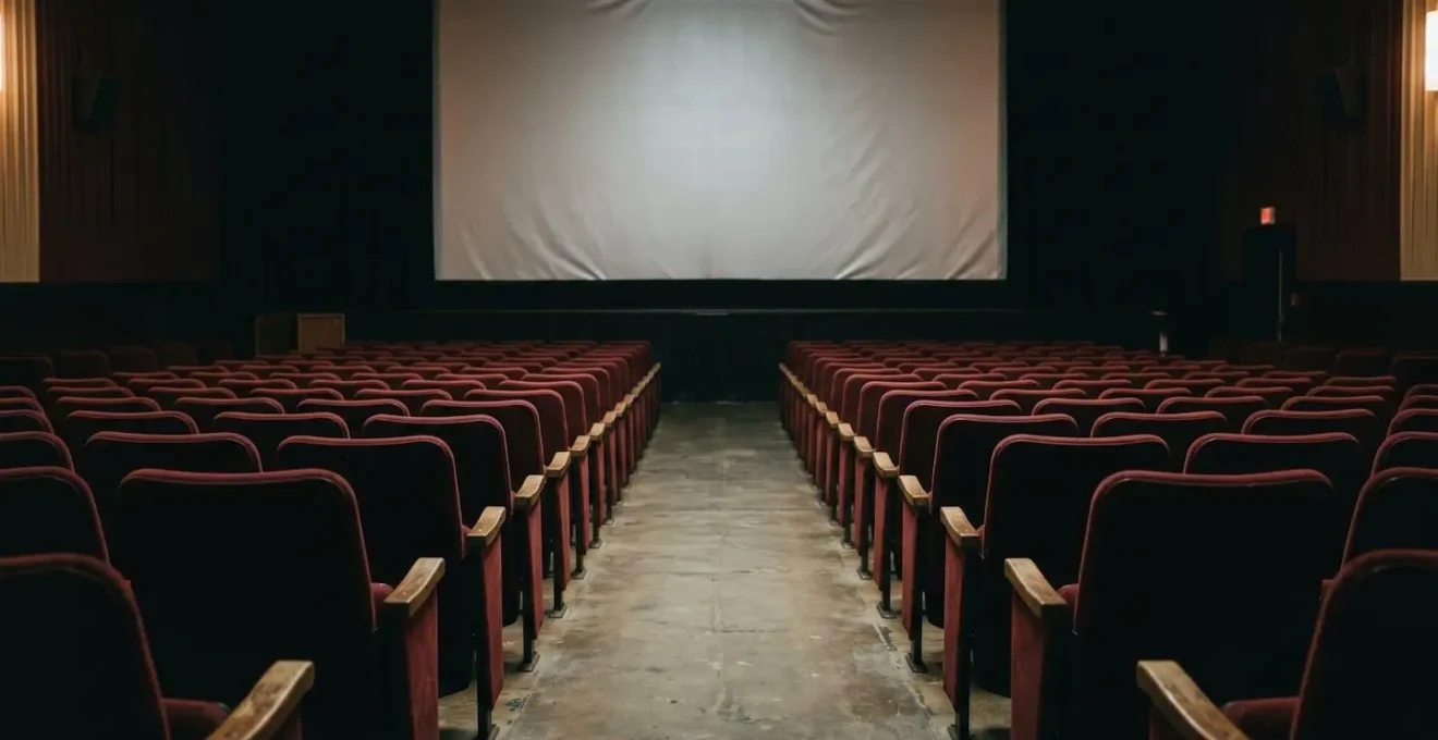 Intérieur d'une salle de cinéma vide avec rangées de sièges rouges et écran géant en arrière-plan, évoquant l'expérience collective du septième art