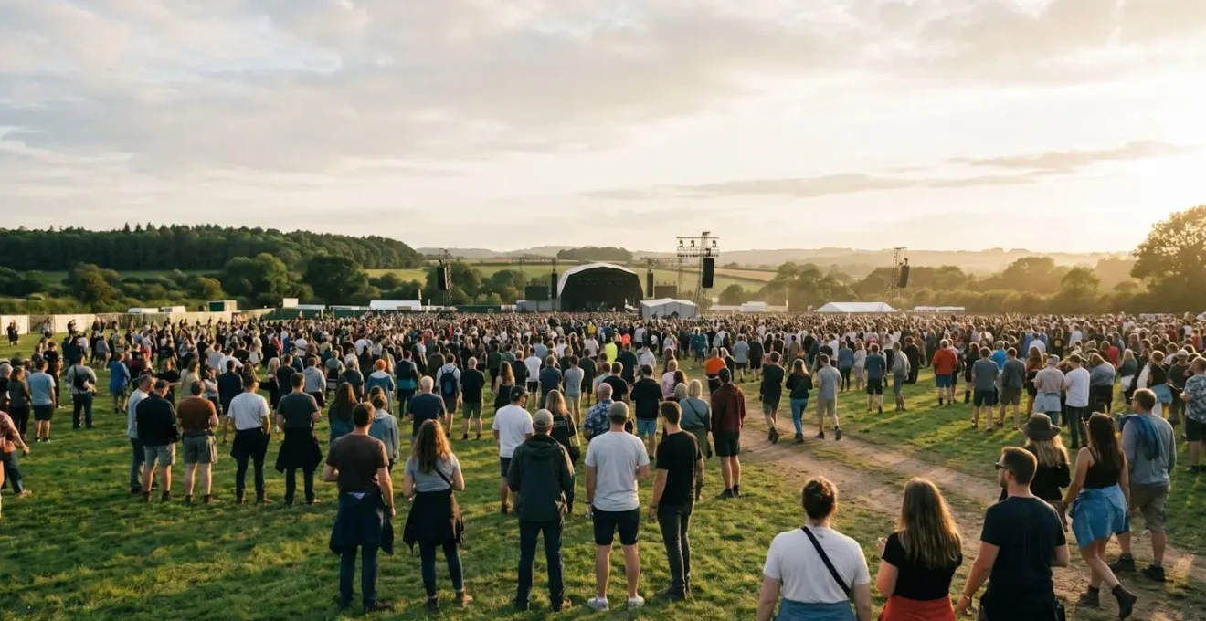Foule de festivaliers dans un champ verdoyant lors d'un festival de musique en zone rurale, avec structures temporaires en arrière-plan