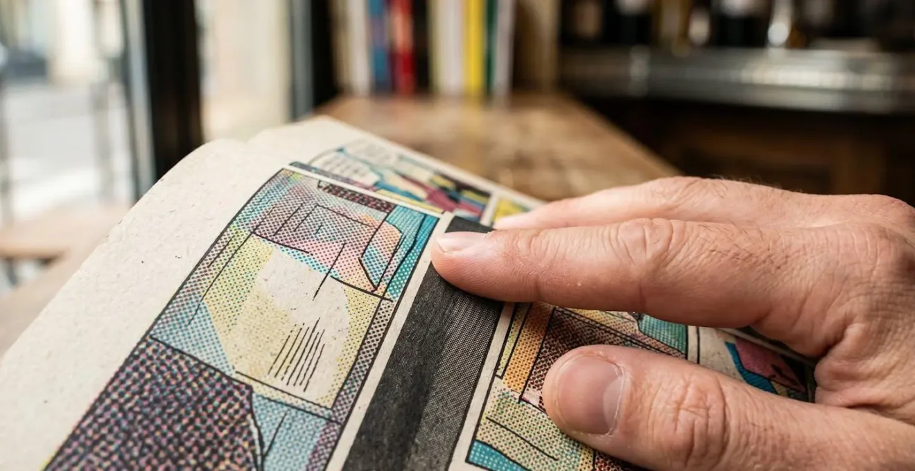 Main de lecteur parcourant une planche de bande dessinée grand format avec attention aux détails visuels
