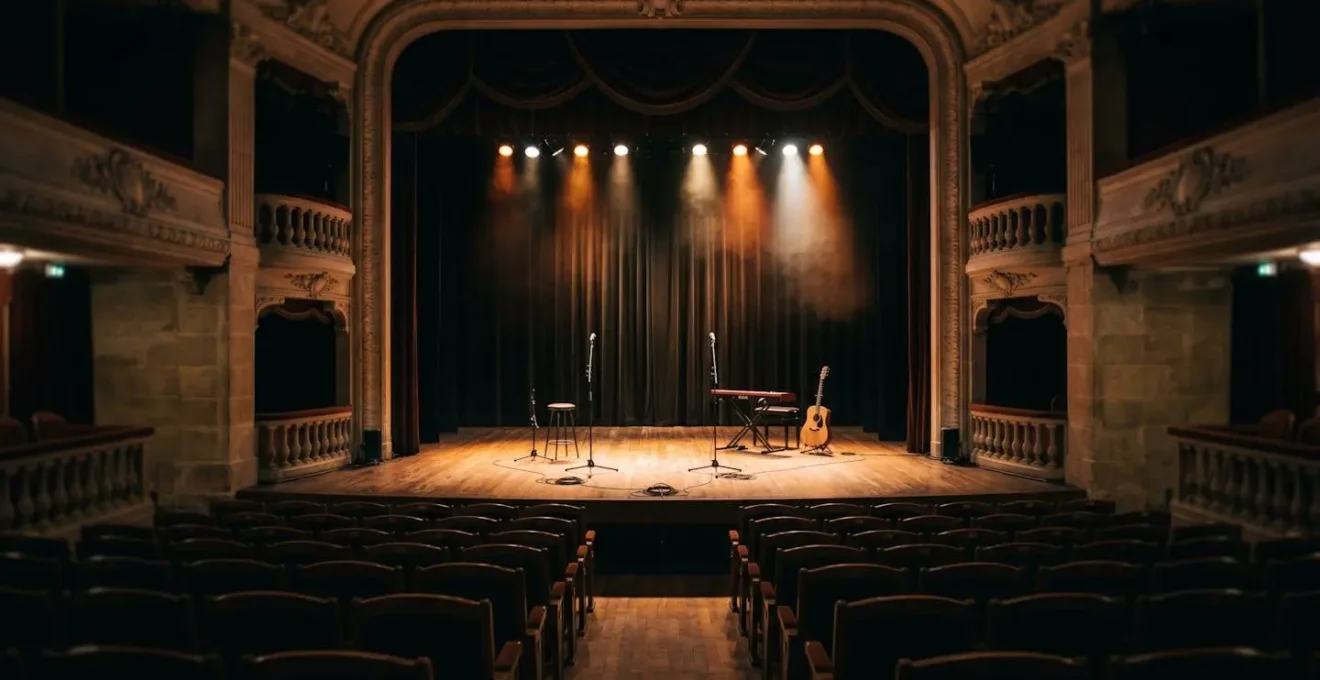 Scène de spectacle vivant avec ambiance intimiste et mise en lumière artistique évoquant la diversité de la programmation musicale
