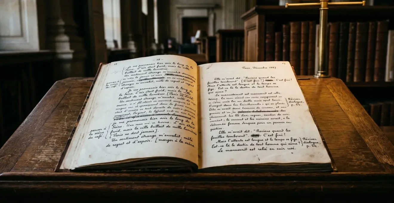 Manuscrit littéraire français ouvert sur table de bibliothèque patrimoniale, pages manuscrites à l'encre noire avec ratures et notes marginales visibles, éclairé par lampe d'archive