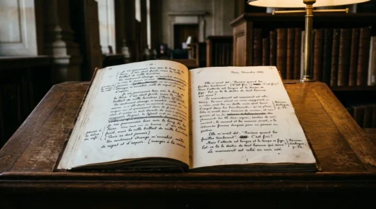 Manuscrit littéraire français ouvert sur table de bibliothèque patrimoniale, pages manuscrites à l'encre noire avec ratures et notes marginales visibles, éclairé par lampe d'archive