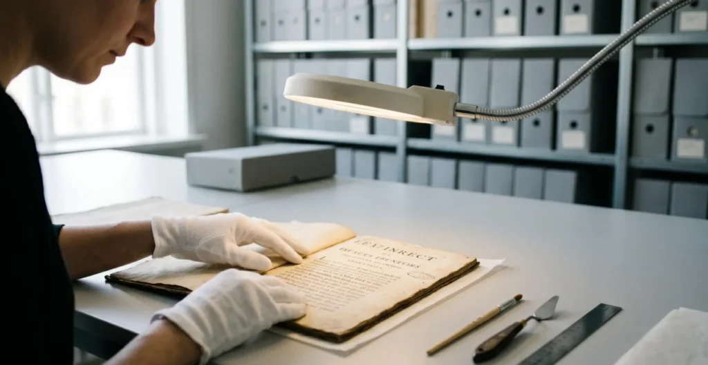 Mains gantées de restaurateur manipulant délicatement un manuscrit ancien sous loupe éclairante, outils de conservation sur plan de travail, atelier de restauration Mains gantées de restaurateur manipulant délicatement un manuscrit ancien sous loupe éclairante, outils de conservation sur plan de travail, atelier de restauration