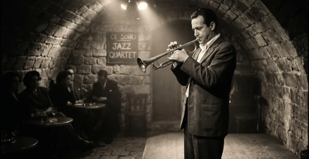 Trompettiste jouant dans une cave de jazz parisienne voûtée, éclairage tamisé, spectateurs en arrière-plan, ambiance Saint-Germain-des-Prés années 1950 Trompettiste jouant dans une cave de jazz parisienne voûtée, éclairage tamisé, spectateurs en arrière-plan, ambiance Saint-Germain-des-Prés années 1950
